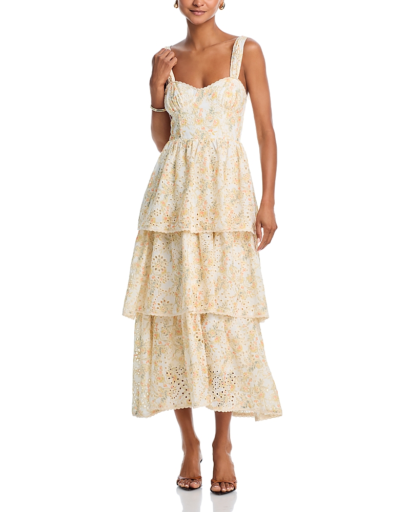 AQUA FLORAL EYELET TIERED MIDI DRESS - EXCLUSIVE