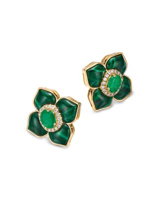 Emerald, Malachite & Diamond Clover Earrings in 14K Yellow Gold