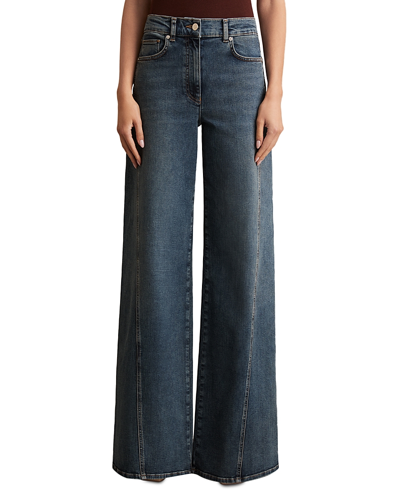 Shop Reiss Petite Fern Twist Seam High Rise Wide Leg Jeans In Mid Blue