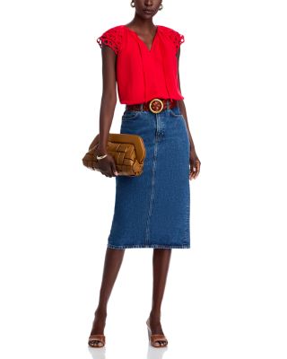 Embroidered Puff Sleeve Split Neck Blouse