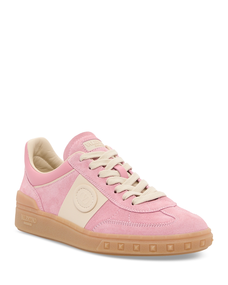 Valentino Round Toe Suede Sneakers With Stud Detail In Pink