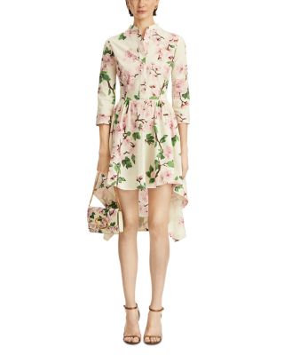 Long Sleeve Asymmetrical Hem Cherry Blossom Poplin Dress