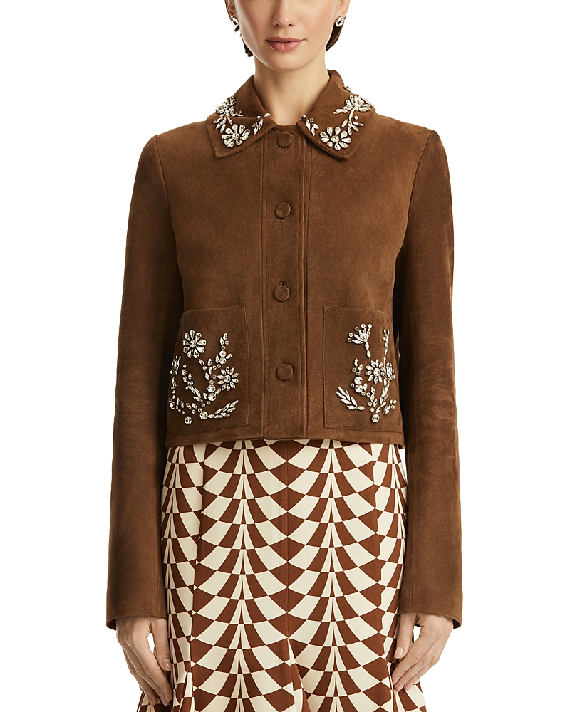 Oscar De La Renta Crystal-embellished Suede Jacket In Brown