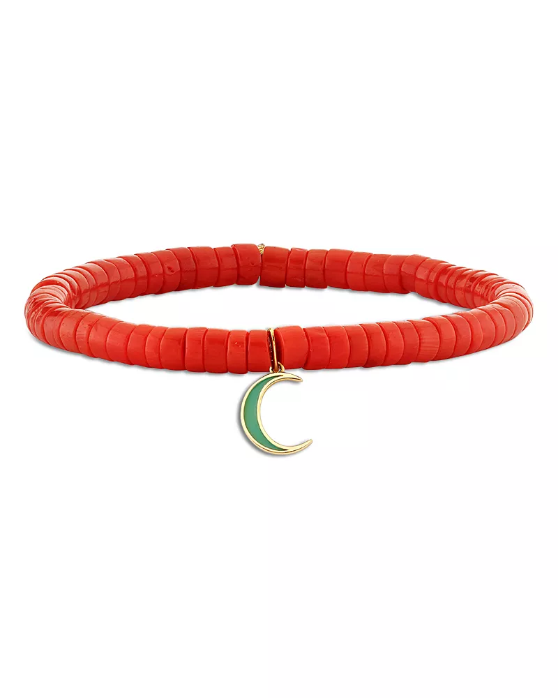 Sydney Evan 14K Yellow Gold Coral Heishi Bead & Enamel Moon Charm Stretch Bracelet