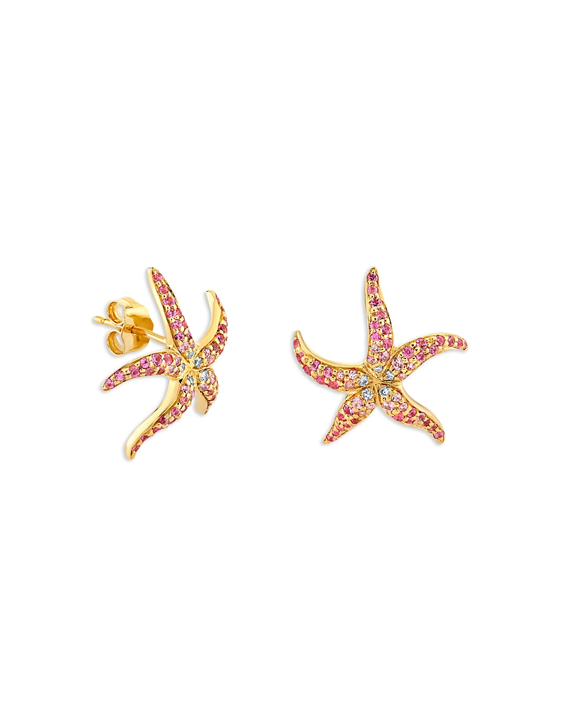 Sydney Evan 14k Yellow Gold Pink Sapphire & Diamond Starfish Stud Earrings In Gold