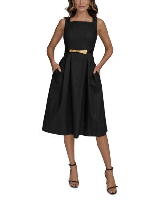 donna karan women's printed belted a-line dress Donna Karan Women's Floral Pleated Midi A-Line Dress in Geranium Multi