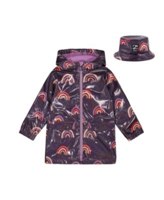 Deux par Deux - Girls' Printed Rain Coat with Hat on Shiny Background - Little Kid