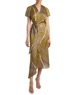 HALEY Cap Sleeve Faux Wrap Hi Lo Midi Dress in Printed Charmeuse