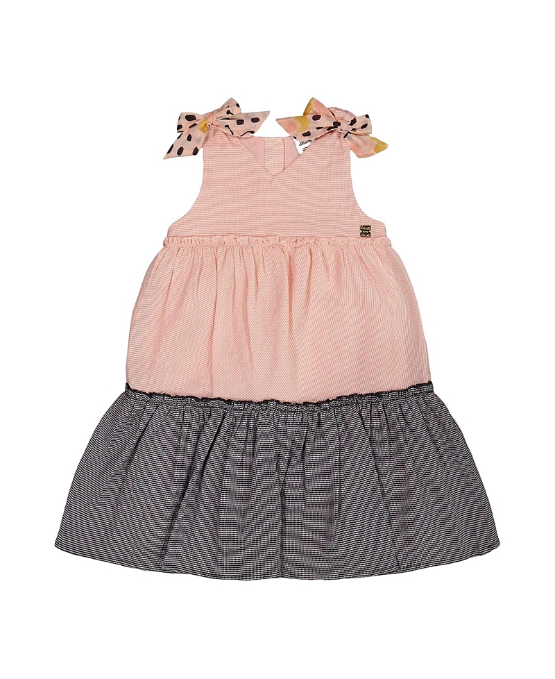 Deux Par Deux Girl's Tiered Dress With Bows Pink And Black In Pink And Black