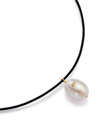 14K Yellow Gold Diamond Baroque Pearl Pendant Leather Cord Necklace, 18"