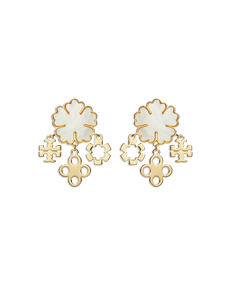 Tory Burch Mother Of Pearl Clover Cluster Drop Earrings in Gold Tone