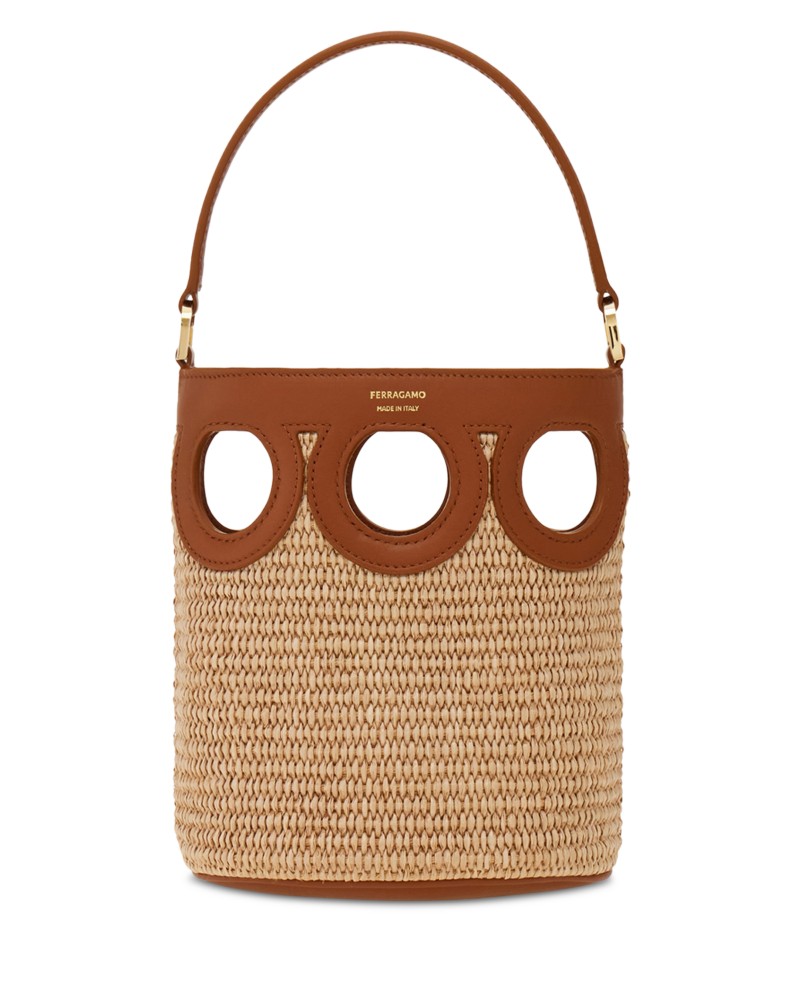 Ferragamo Gancini Frame Raffia Bucket Bag in Naturale