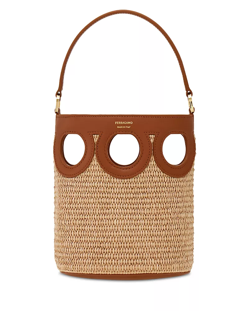 Ferragamo Gancini Frame Raffia Bucket Bag
