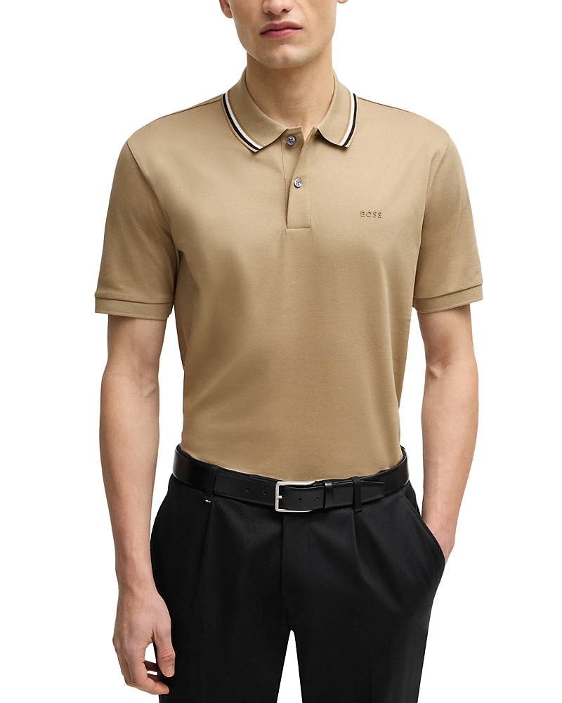 Hugo Boss Slim-fit Polo Shirt In Cotton With Striped Collar In Light Beige