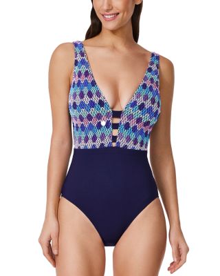 Profile by Gottex - Retro Riviera Deep V Neck Halter One Piece Swimsuit