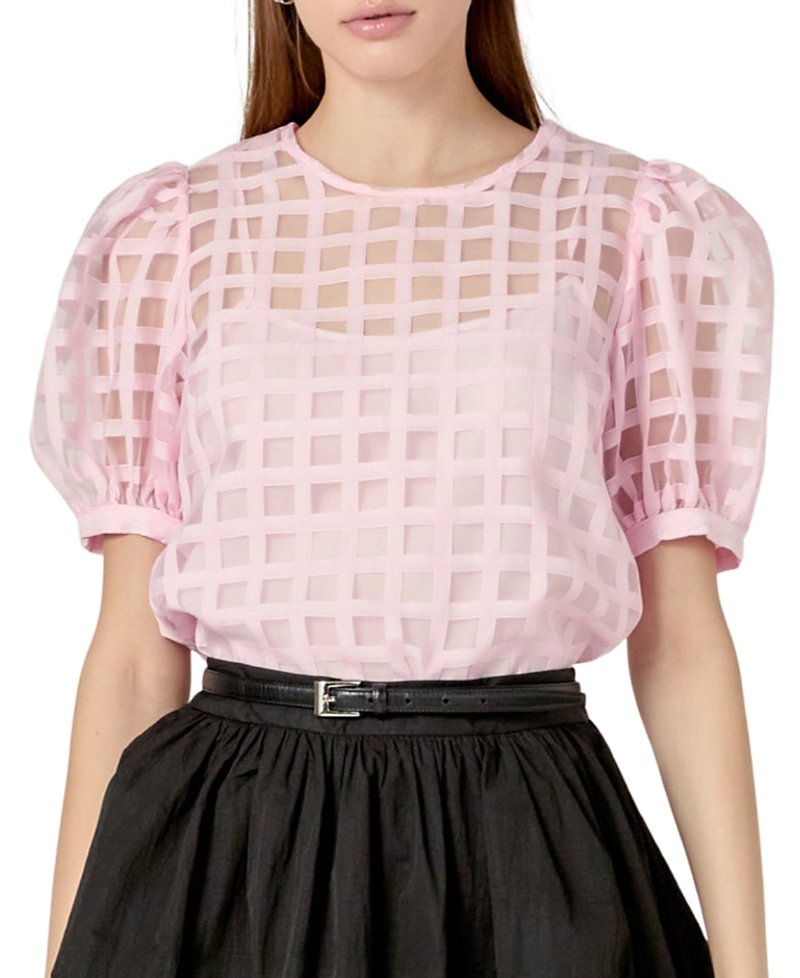 English Factory Women's Plaid Sheer Puff Sleeve Top