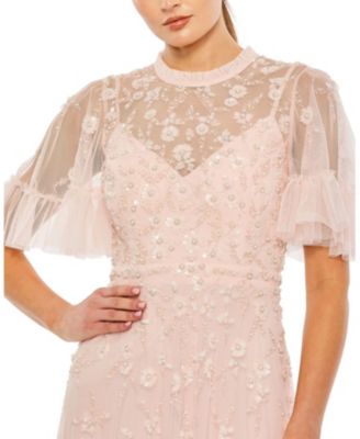 Mac Duggal Ruffled Floral Embellished Flutter Sleeve A-Line