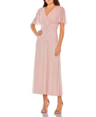 Beaded Wrap Over Butterfly Sleeve Column Dress