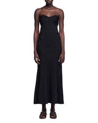 open lace back dress SANDRO VICTOIRE SILK-WOOL POLO PLEATED KNIT MIDI DRESS  Dark Blue