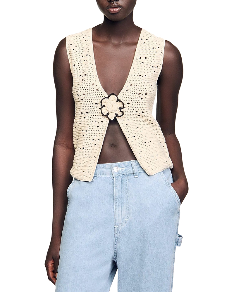 Sandro Womens Naturels Flower-embroidered V-neck Sleeveless Crochet Cardigan