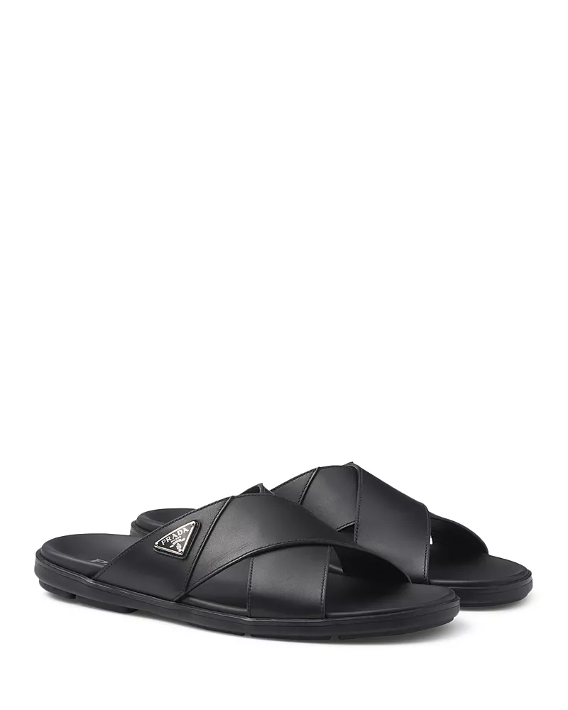 Prada Men's Leather Crisscross Slides