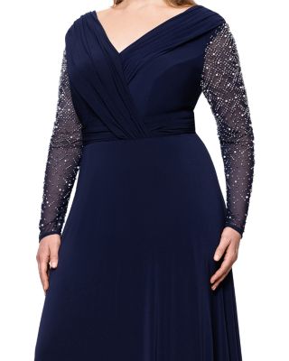 Plus Beaded Sleeve V Neck Gown