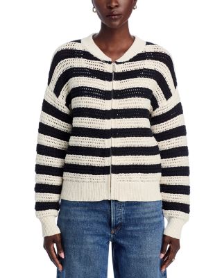 Open Knit Bomber Crewneck Cardigan Sweater