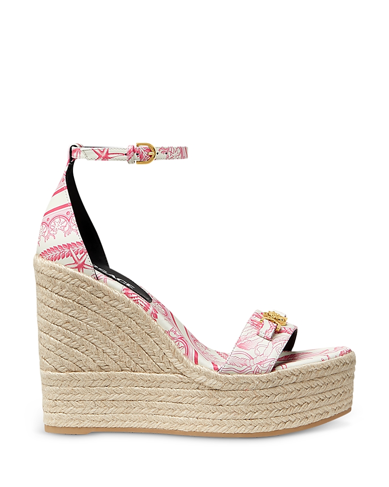 Versace Embellished Printed Leather Espadrille Wedge Sandals In Pink