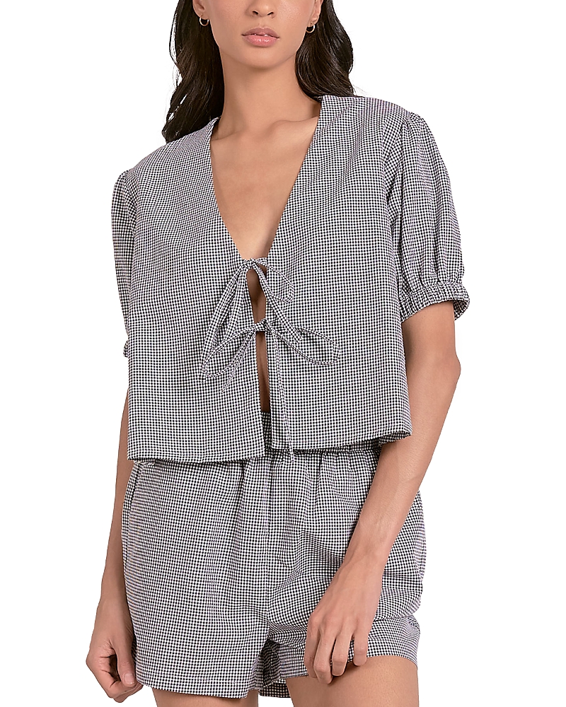 Elan Womens Seersucker Tie Front Puff Sleeve Top Seersucker Pull On Shorts In Brown
