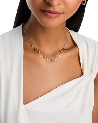 Multi Gemstone, Freshwater Pearl & Diamond Dangle Collar Necklace in 14K Yellow Gold, 16"