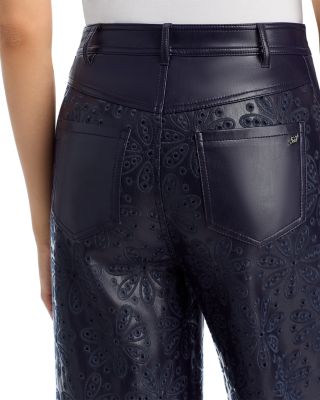 Embroidered Faux Leather High Rise Jeans in Navy