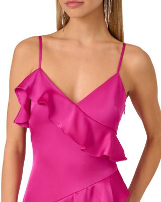 Stretch Satin Ruffle Long Dress