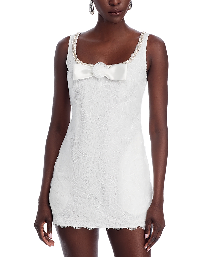 Self-portrait White Mini Dress With Square Neck And Bow Detail On The Front In Tech Fabric Woman In White