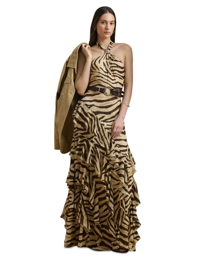 Zebra Print Ruffle Trim Georgette Gown