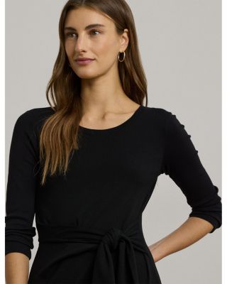 Tie Front Cotton Blend Crewneck Dress