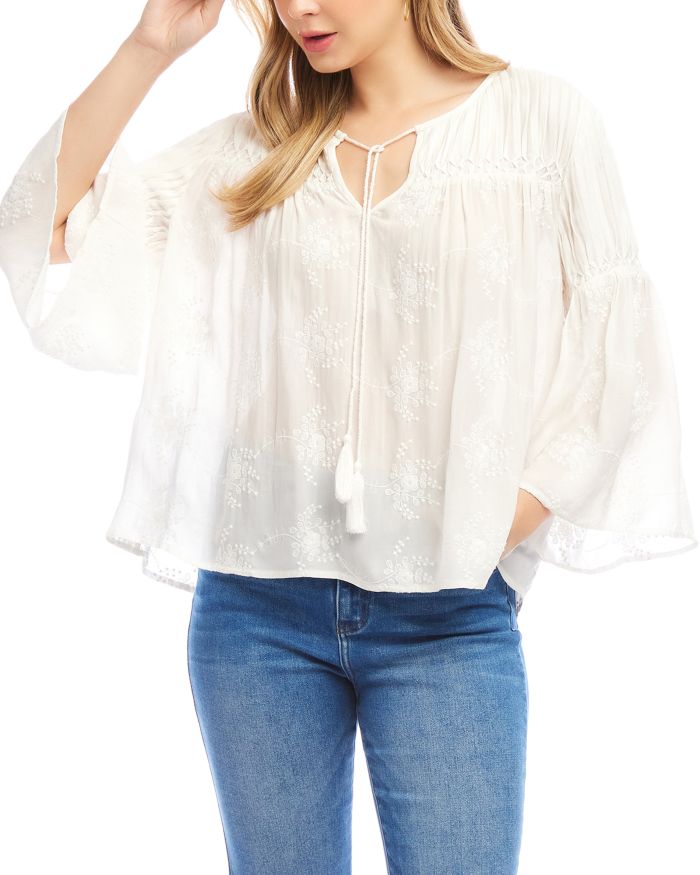 Embroidered Pin Tuck Top