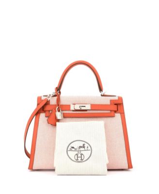 Kelly 28 Handbag Quadrille Canvas and Orange Swift with Palladium Hardware