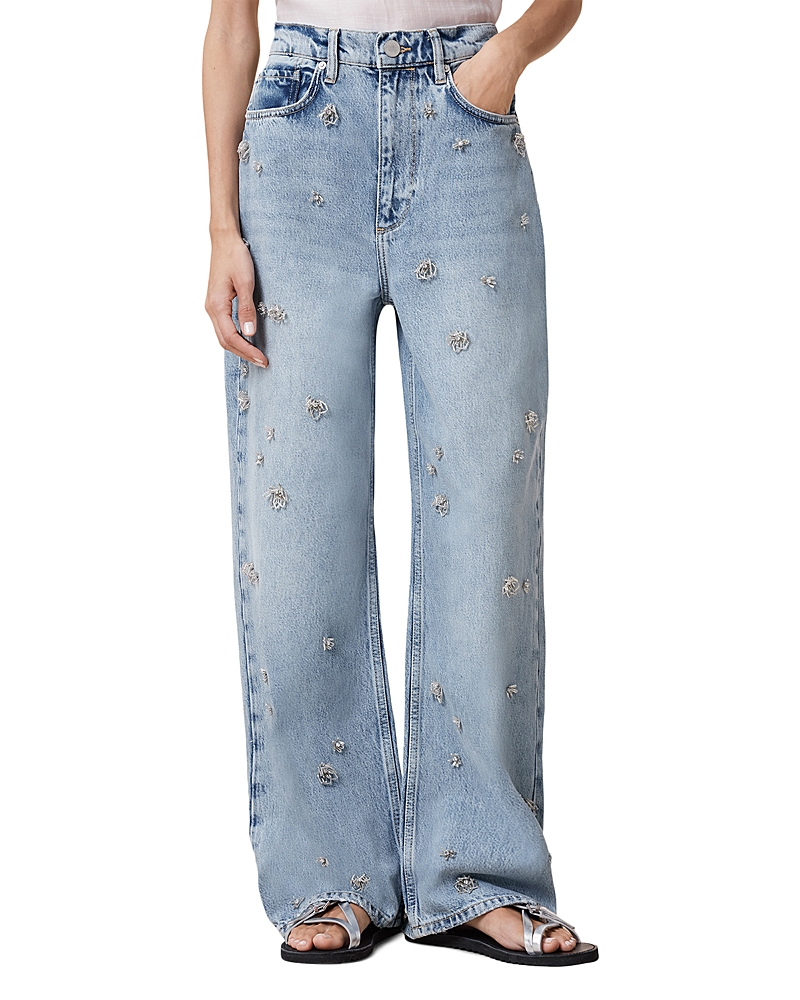 ALLSAINTS BLAKE EMBELLISHED WIDE LEG JEANS IN LIGHT INDIGO