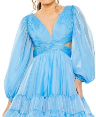 Flirty Chiffon Mini Dress with Puff Sleeves, Tiered Skirt & Daring Lace-Up Back