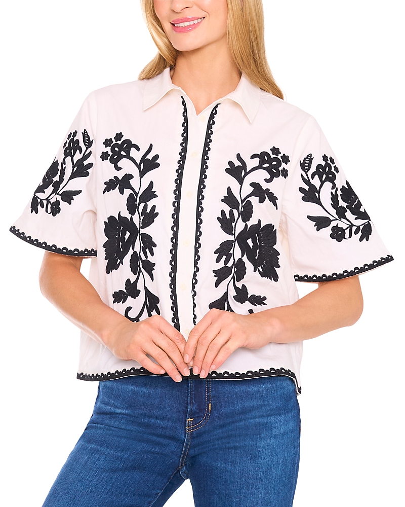 Cece Embroidered Relaxed Fit Cotton Button-up Shirt In Gray