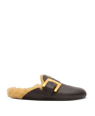 Women's Flat Leather and Faux Fur Mules