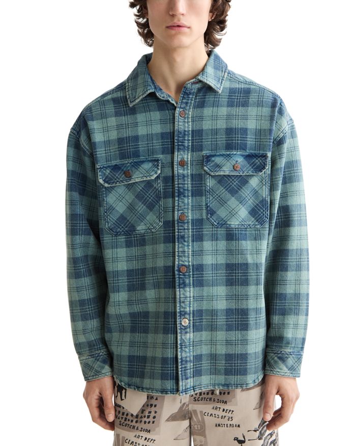 Regular Fit Washed Denim Check Shirt Jacket