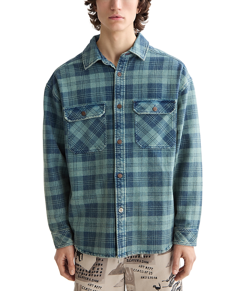 Scotch & Soda Regular Fit Washed Denim Check Shirt Jacket In Green