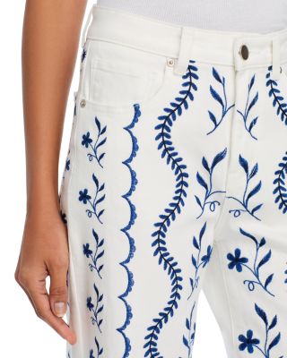 Embroidered High Rise Wide Leg Jeans in White/Blue - Exclusive