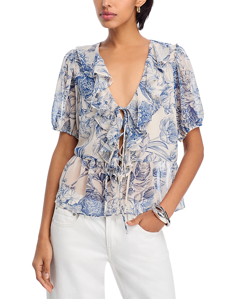 Aqua Floral Toile Ruffle Short Sleeve Top - Exclusive