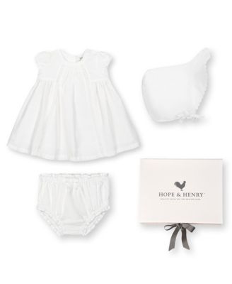 Hope & Henry - Unisex 3 Piece Special Occasion Linen Pintuck Dress, Diaper Cover, & Bonnet Boxed Gift Set - Baby