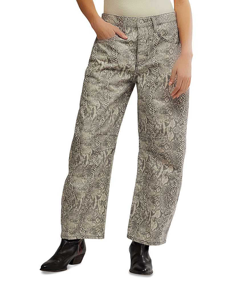 Free People We The Free Good Luck Leopard Barrel Leg Jeans In Snake Combo In Gray