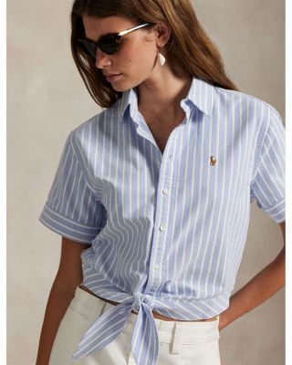 Cotton Oxford Tie Front Cropped Shirt