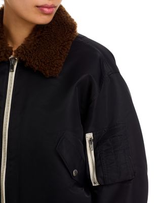 Shrunken Shearling Trim Bomber Jacket