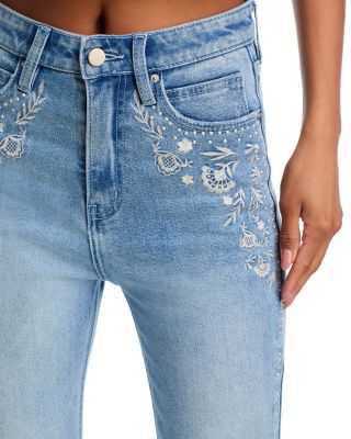 Embroidery Stud Bell Bottom High Rise Jeans in Light Wash - Exclusive